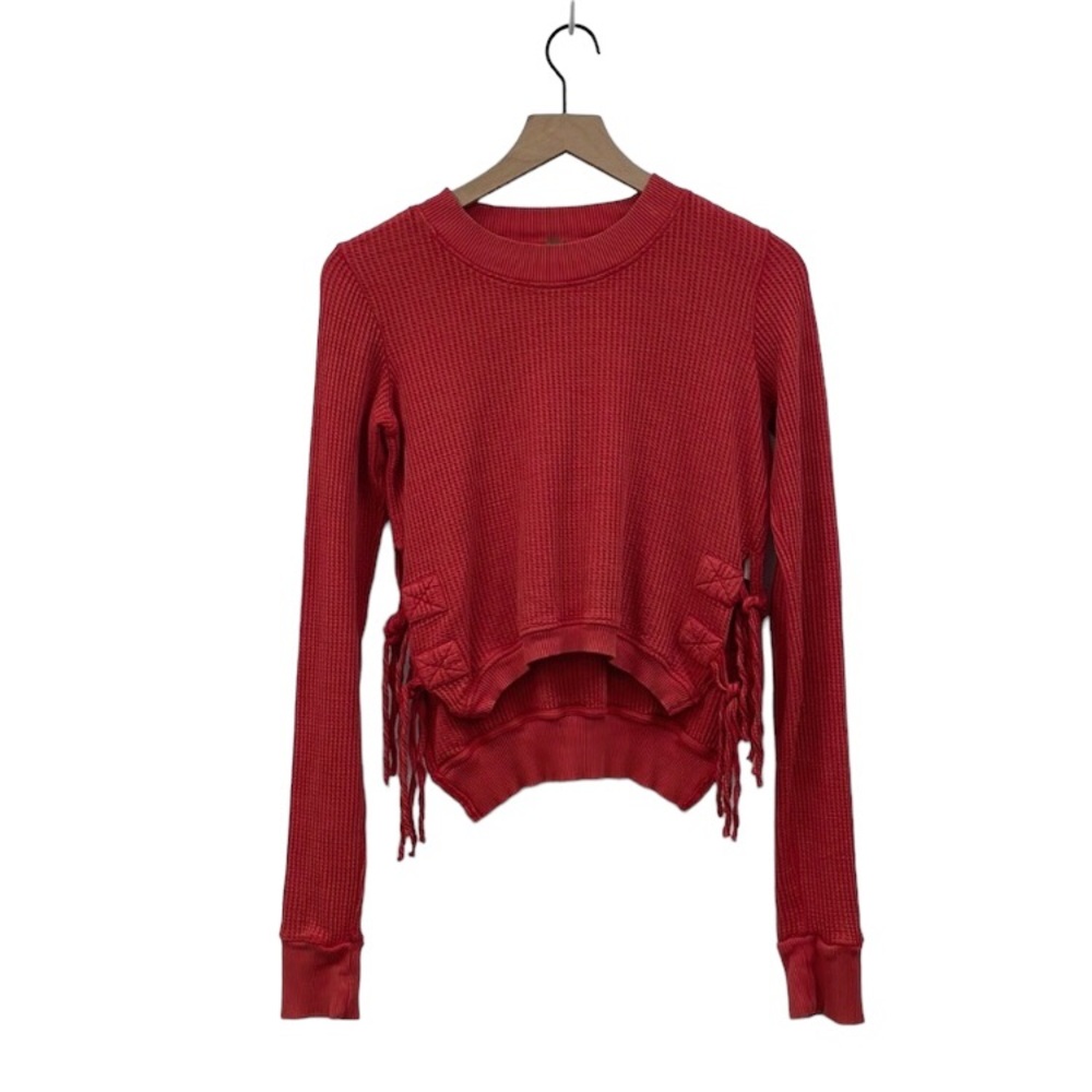 Free People One interlaken thermal waffle knit long sleeve side tie red top, XS - Picture 3 of 10